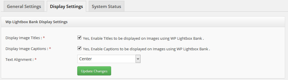 Lightbox Bank Display Settings Page