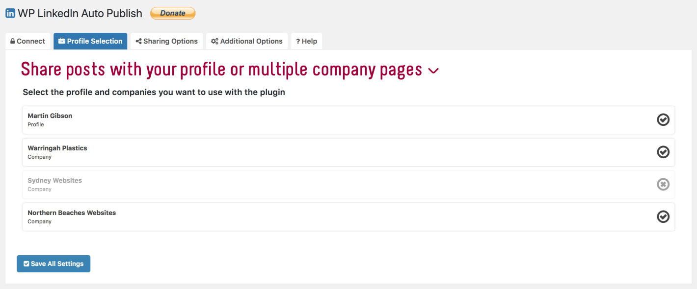 Select the profile and/or companies you want to use with the plugin.