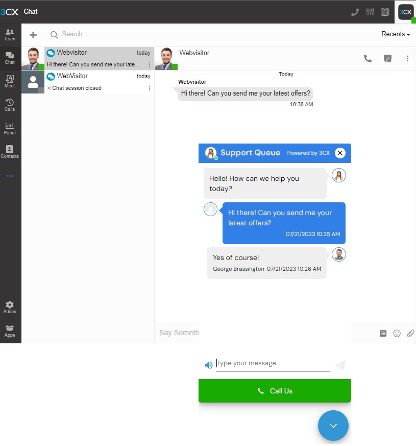 3CX Web Client agent's UI