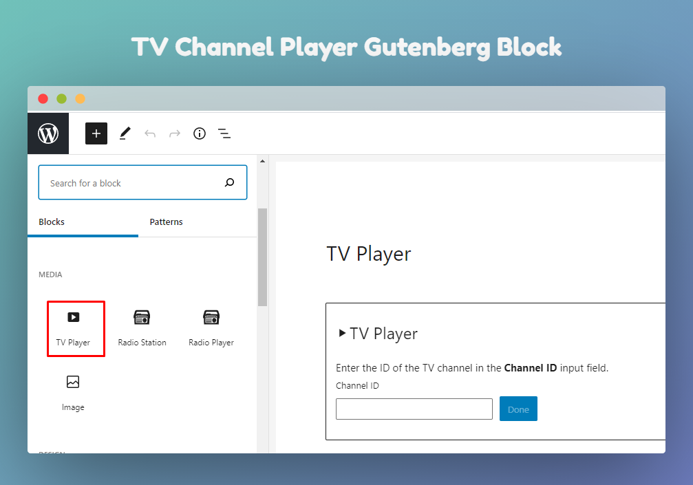 TV Channel Player Gutenberg Block