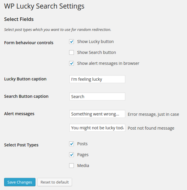 WP Lucky Search settings page
