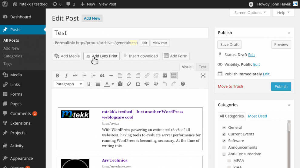 This screenshot shows the Edit Post page with two Lynx Prints in the post and the Add Lynx Print button