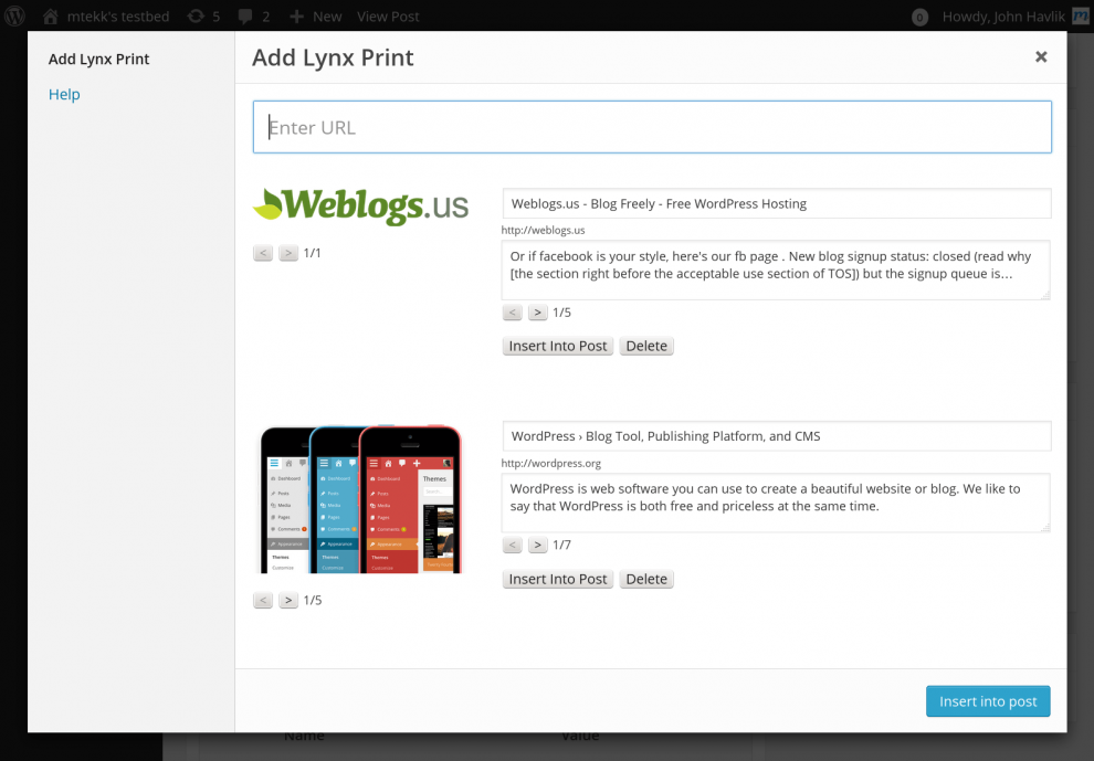 This screenshot shows the Add Lynx Print screen with two Lynx Prints in queue to be added to the current post