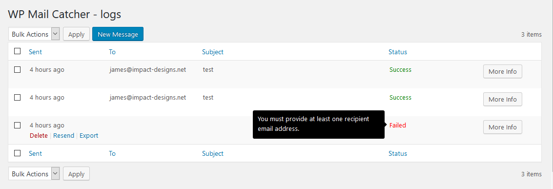 The table supports: sorting, exporting and resending