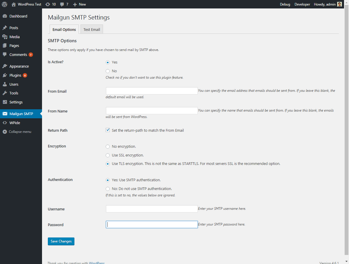 Screenshot of Email and SMTP options.