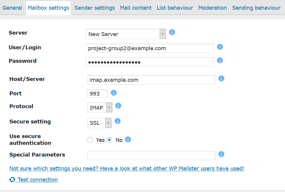 Mailing list settings, mailbox: choose from some pre-configured servers or use your own (what most users do)