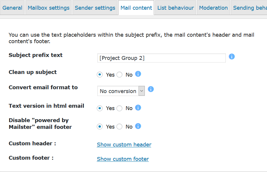 Mailing list settings, list behaviour