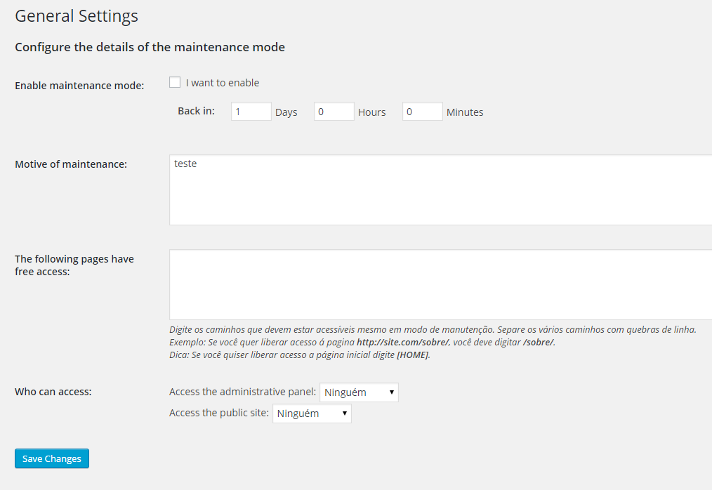 Setup Screen of maintenance mode