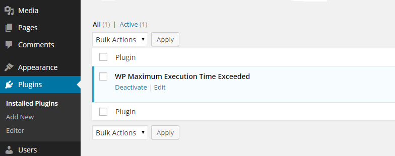 WP Maximum Execution Time Exceeded installed plugin.