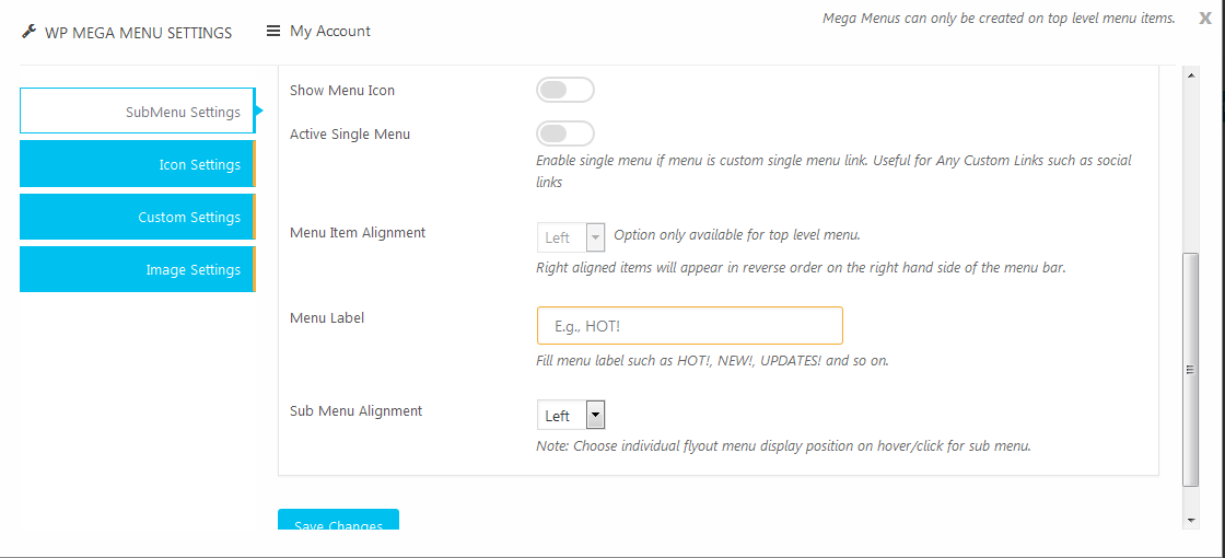 Menu Settings - Enable WP Mega Menu Settings