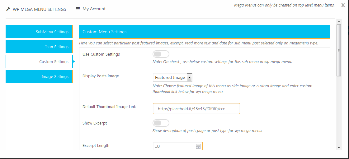 Top Level Menu Settings - Add Widgets Settings