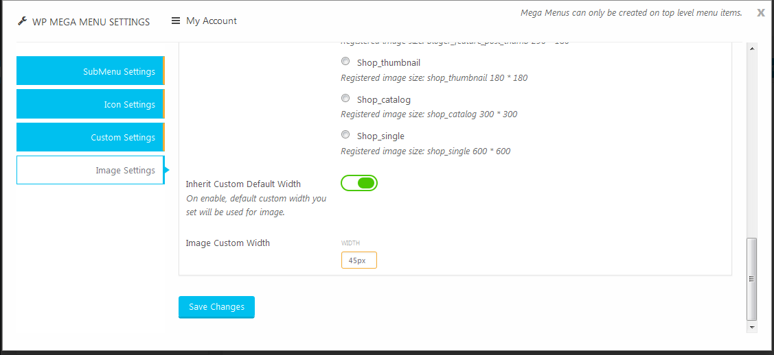 Top Level Menu Settings - Mega Menu Settings