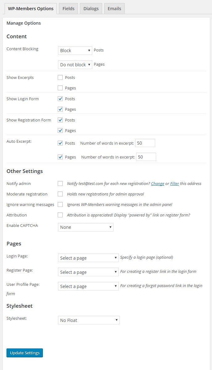 Admin Panel - Options Tab - the various option settings for the plugin.