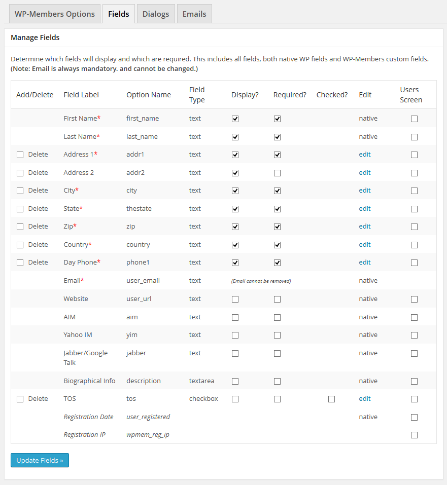 Admin Panel - Fields Tab - the plugin field manager allows you to manage (or delete) the installed extra fields and field order, and also add your own custom fields.