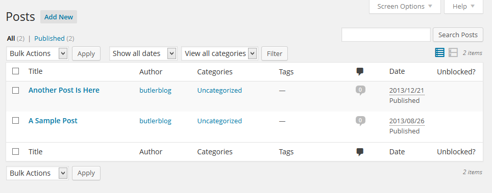 Posts > All Posts - The plugin adds a column to the list of posts and pages to display if a post or page is unblocked or blocked (the opposite of whatver you have set for the plugin's default in the options tab).