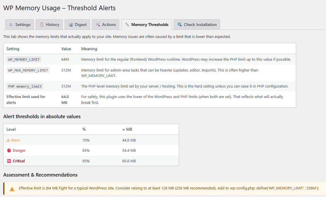 Memory Thresholds tab - show current settings, assessment & recommendations