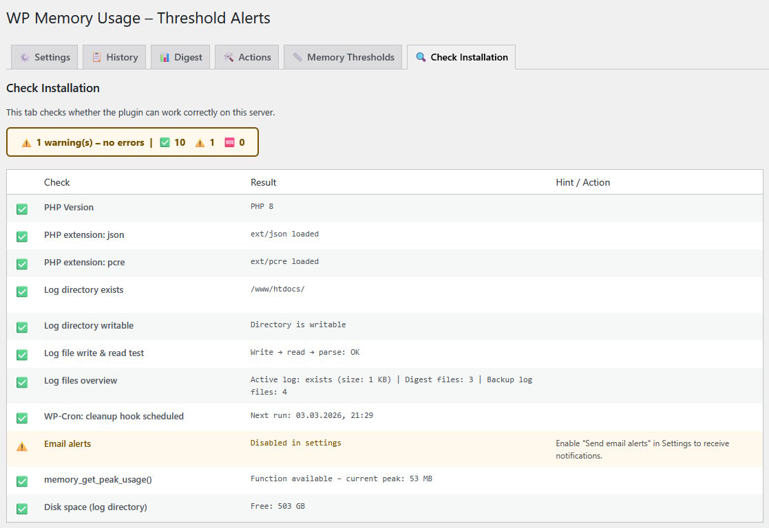 Check Installation tab - can the plugin work correctly?