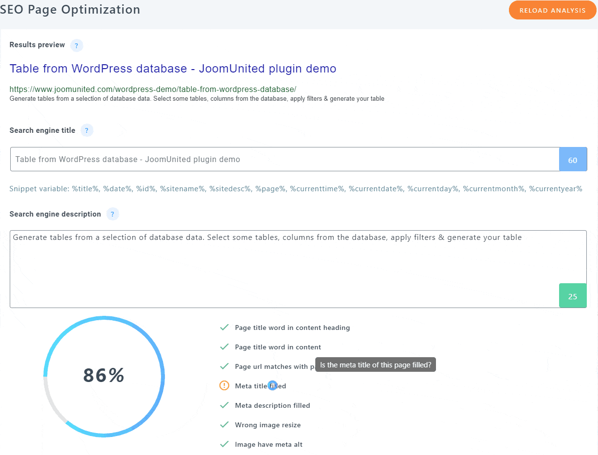 Main dashboard of the plugin with SEO optimization check