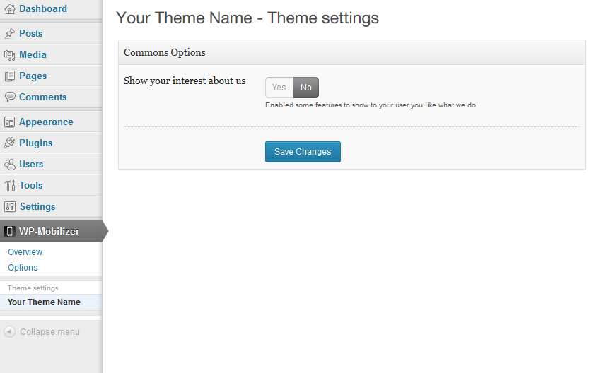Themes settings support WP-Mobilizer plugin