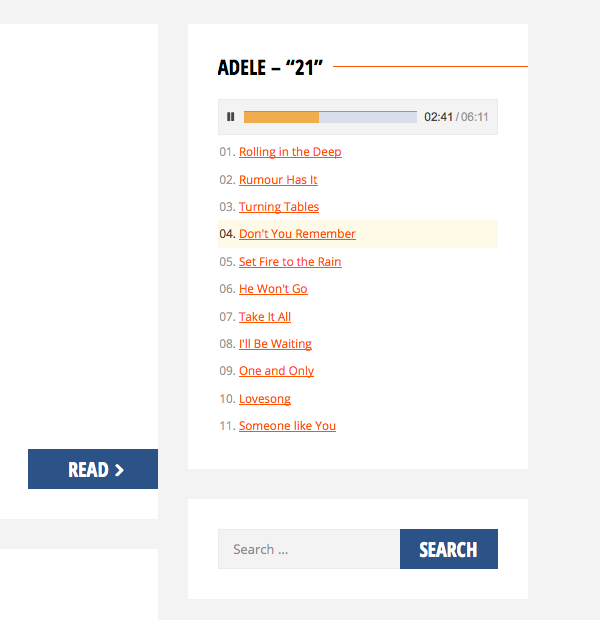 The Mp3 Player widget in a sidebar. Your theme's colors are styles are respected.