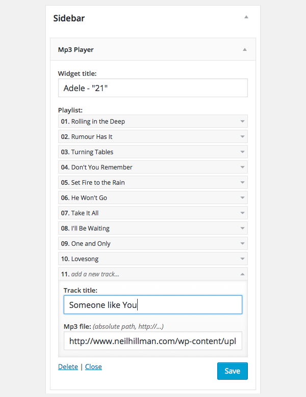 A user-friendly Widget Admin form for adding and removing tracks within your Dashboard.