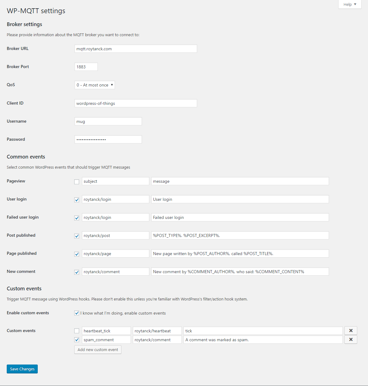 PW-MQTT's settings screen contains the broker settings, allows you to set up common events, or specify your own.