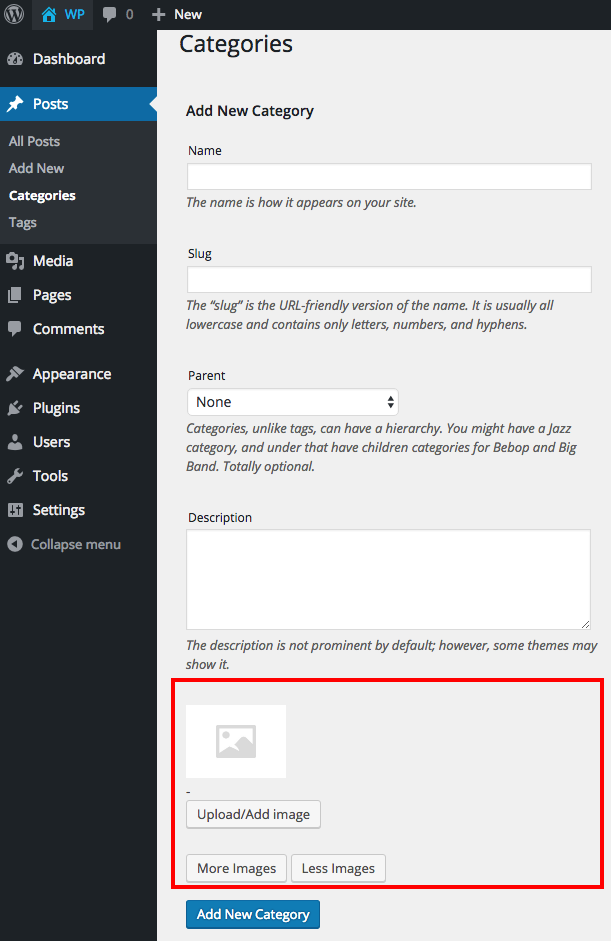 Images can be added via the media box when creating a new tag/category (custom term).