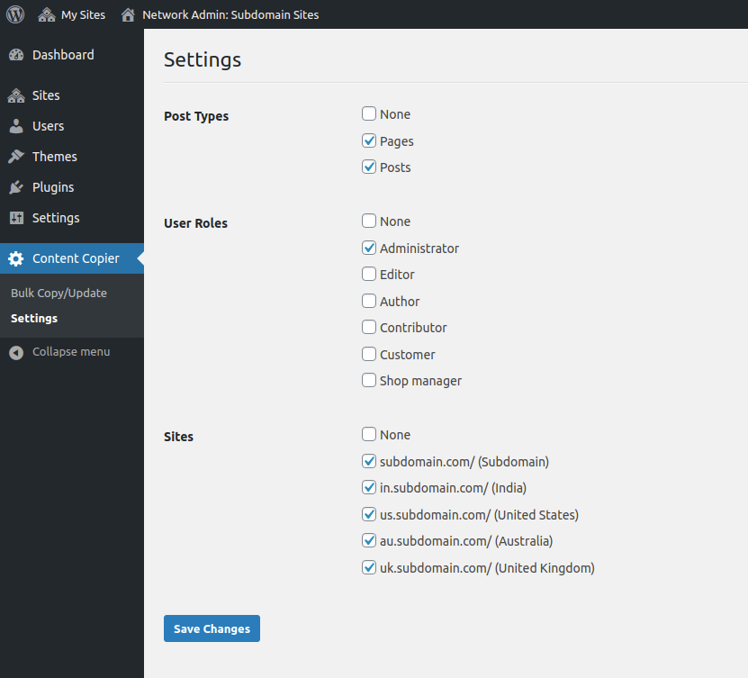 **Individual Copy/Update:** Settings