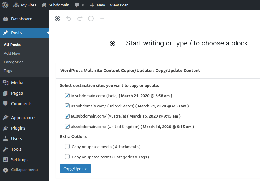 **Individual Copy/Update:** You can copy/update individual posts/pages (public, private and future) from one site to the other sites.