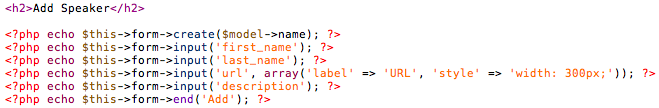 The code of the "admin/add" view in the previous screenshot. Forms can be easily created using the form helper, which includes an `input()` method that automatically determines the data type of the field and shows an appropriate input tag. Methods for most types of inputs (textareas, hidden inputs, select tags, checkboxes, etc) are also available, as are association-related input methods like `belongs_to_dropdown()` and `has_many_dropdown()`.