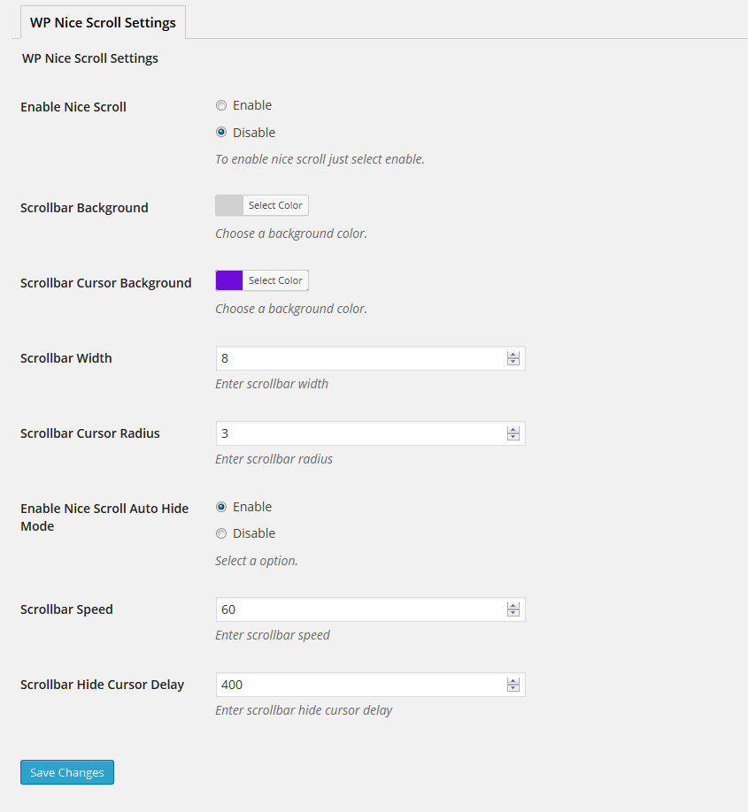 WP Nice Scroll settings.