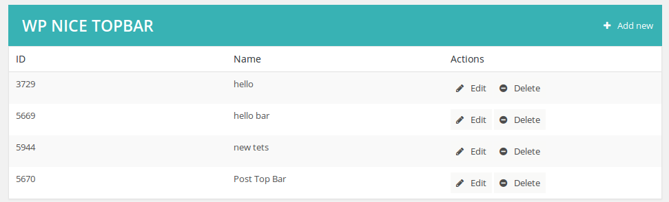 List topbars admin page