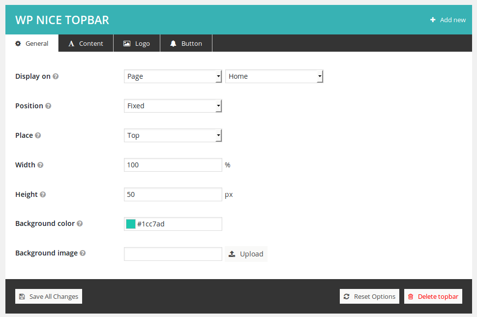 Single topbar settings admin page