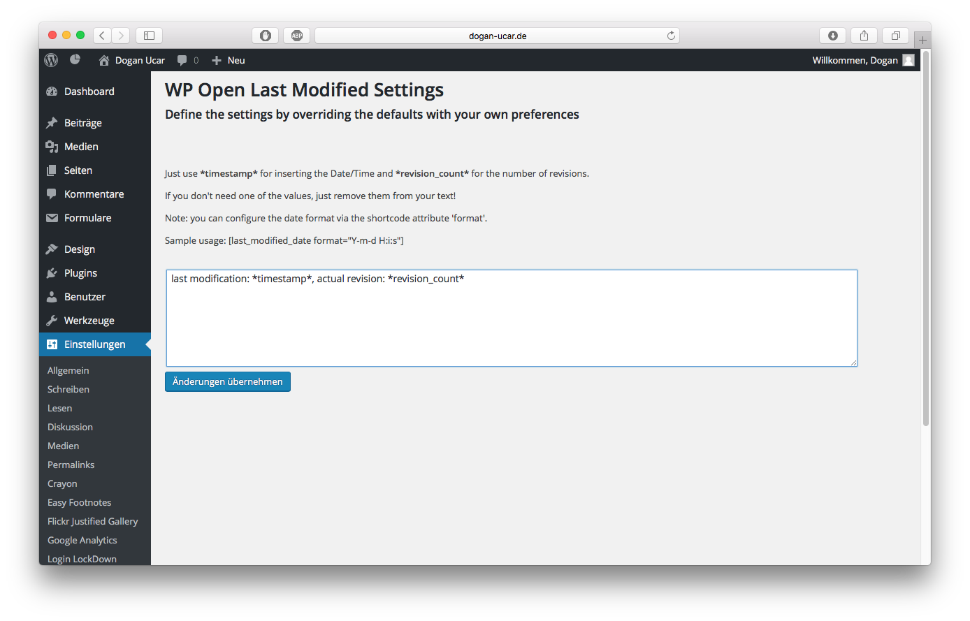 shows the settings page