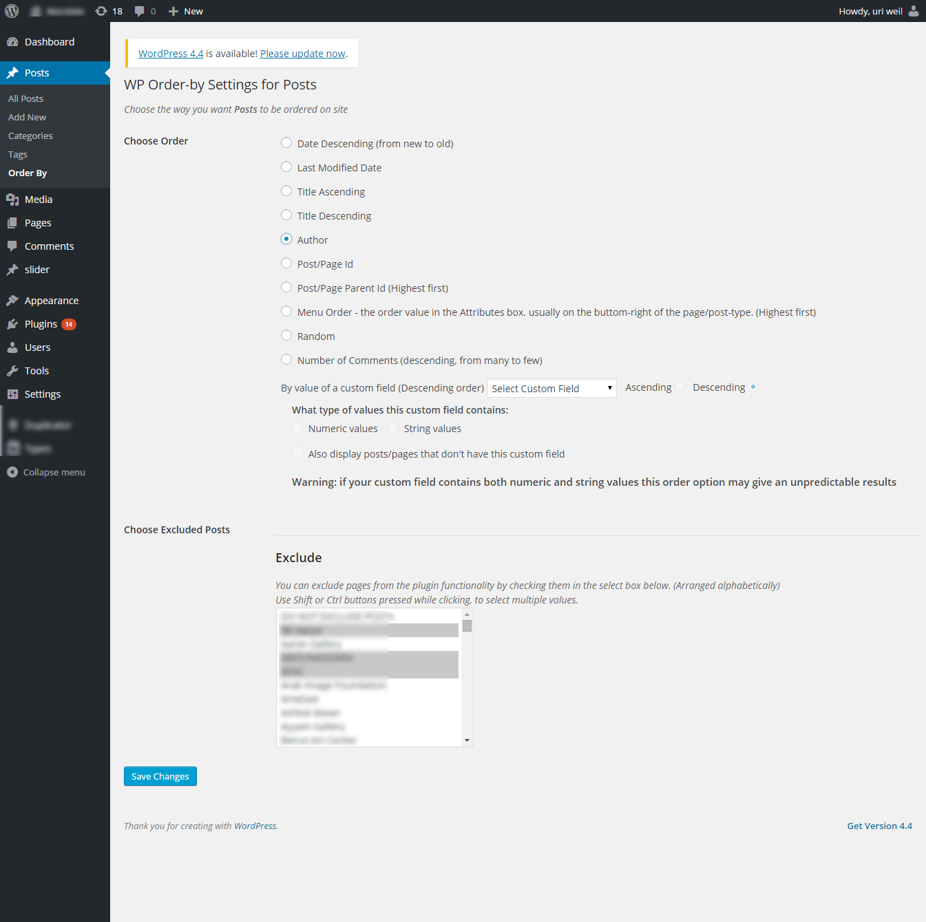 Plugin posts settings page