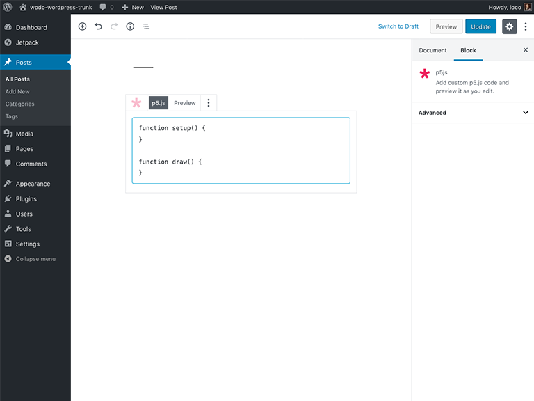 Insert the p5.js block into the editor.