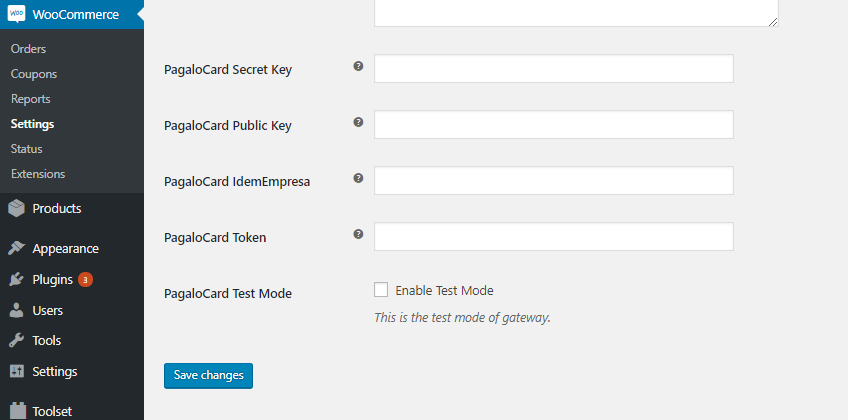 The Pagalo payment gateway settings page showing the fields that need to be filled with each individual account information.
