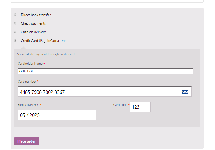 The checkout page with the pagalo payment credit card form.
