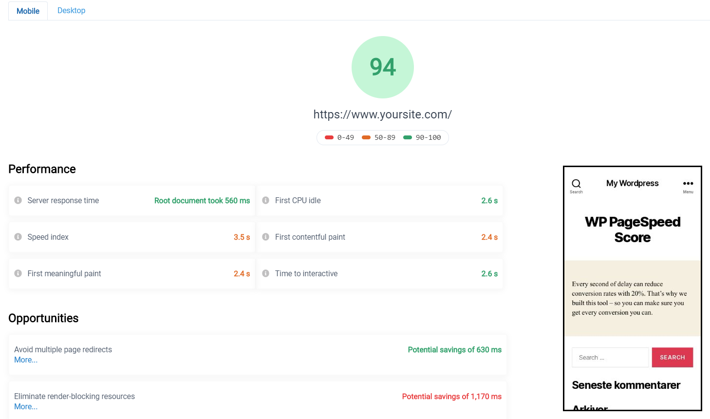 PageSpeed report on the performance of a page on mobile devices.
