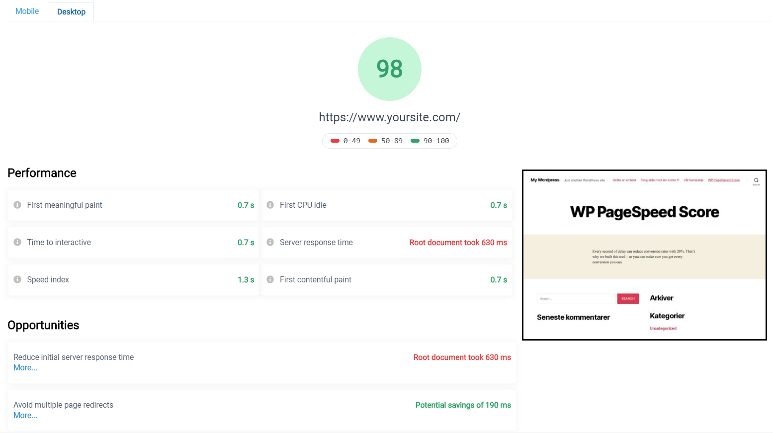 PageSpeed report on the performance of a page on desktop devices.