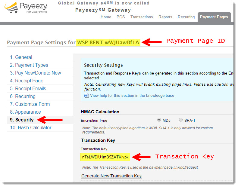 Payment Page ID and Transaction Key in Payeezy.