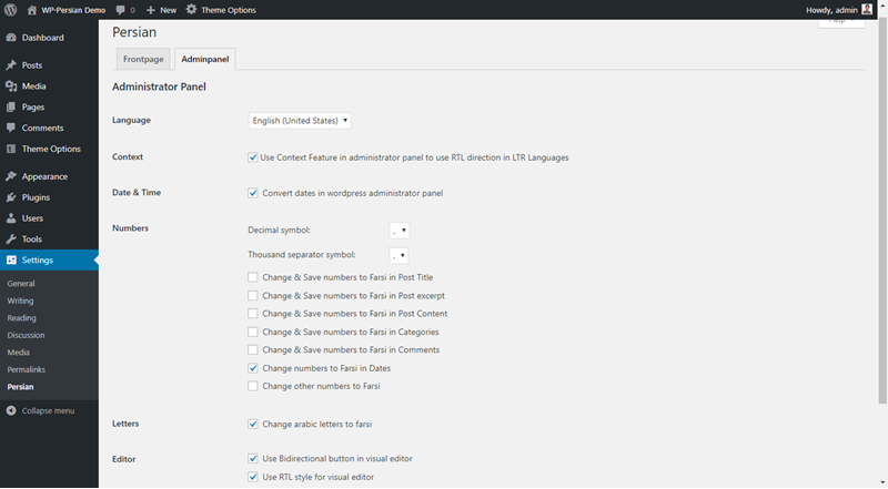 WP-Persian Frontpage Settings