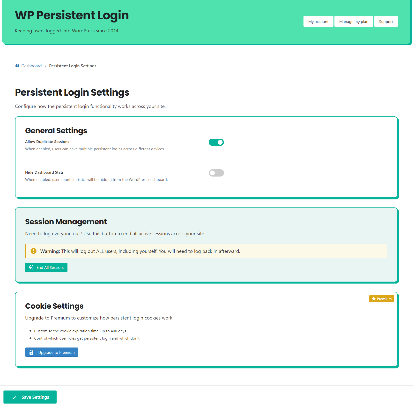 Persistent Login settings (free forever)