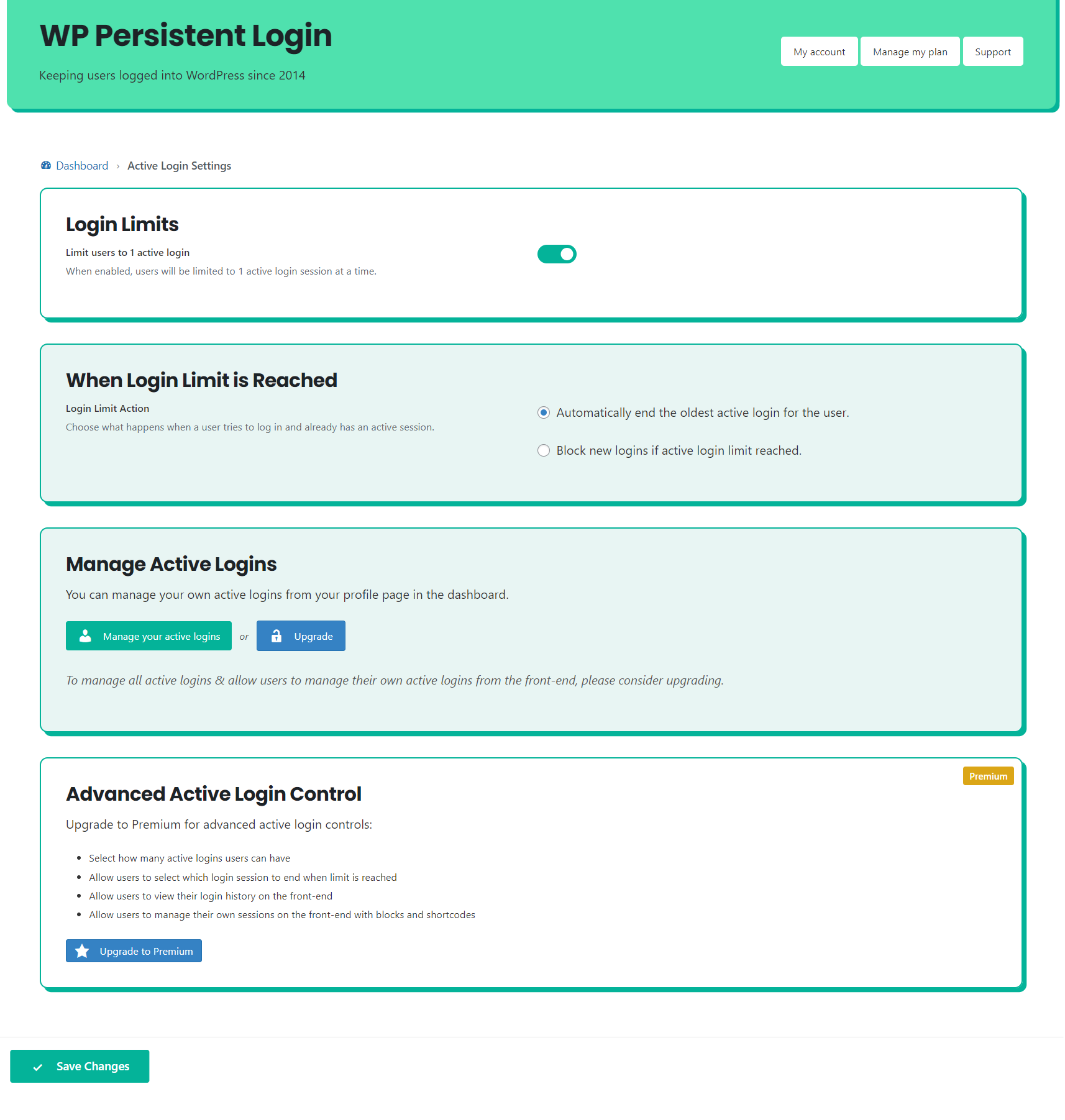 Active Login settings (free forever)