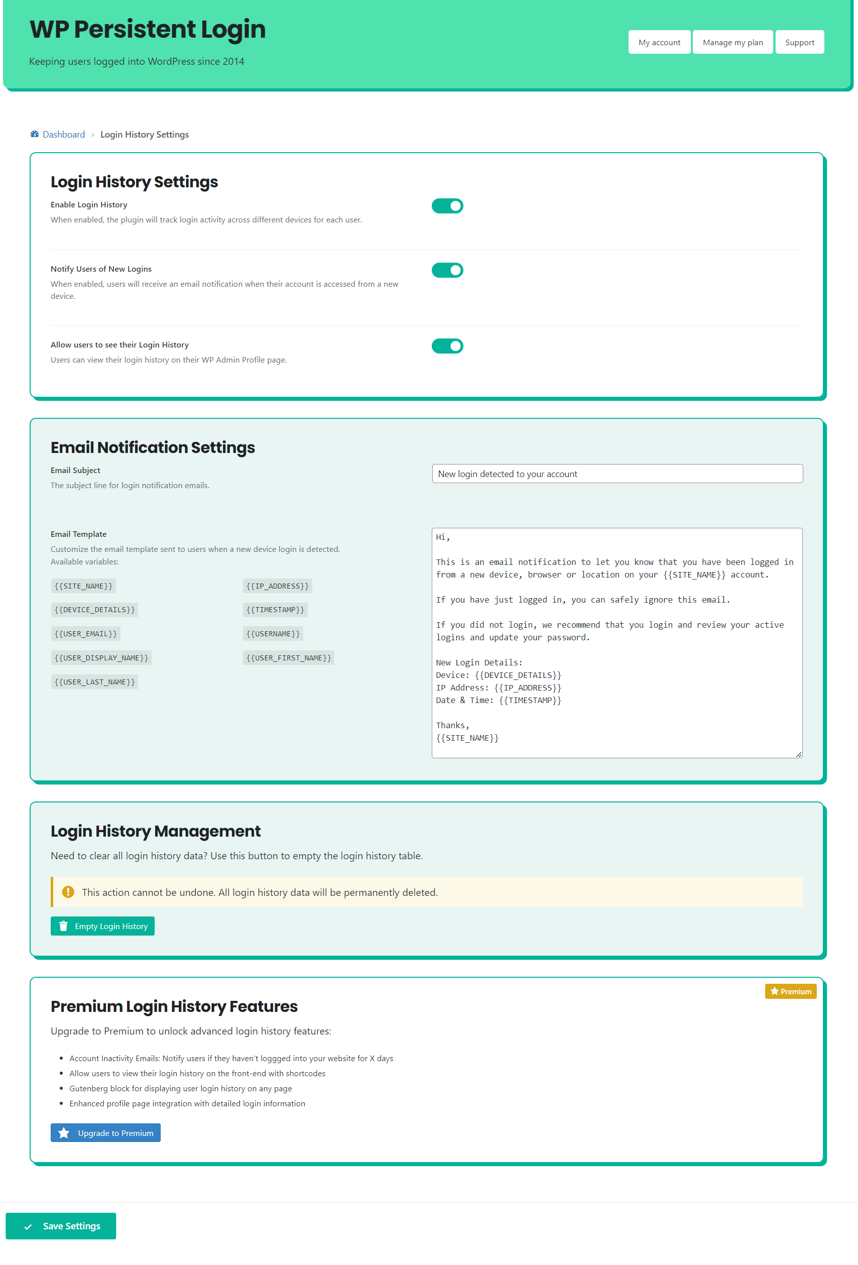 Persistent Login settings (premium)