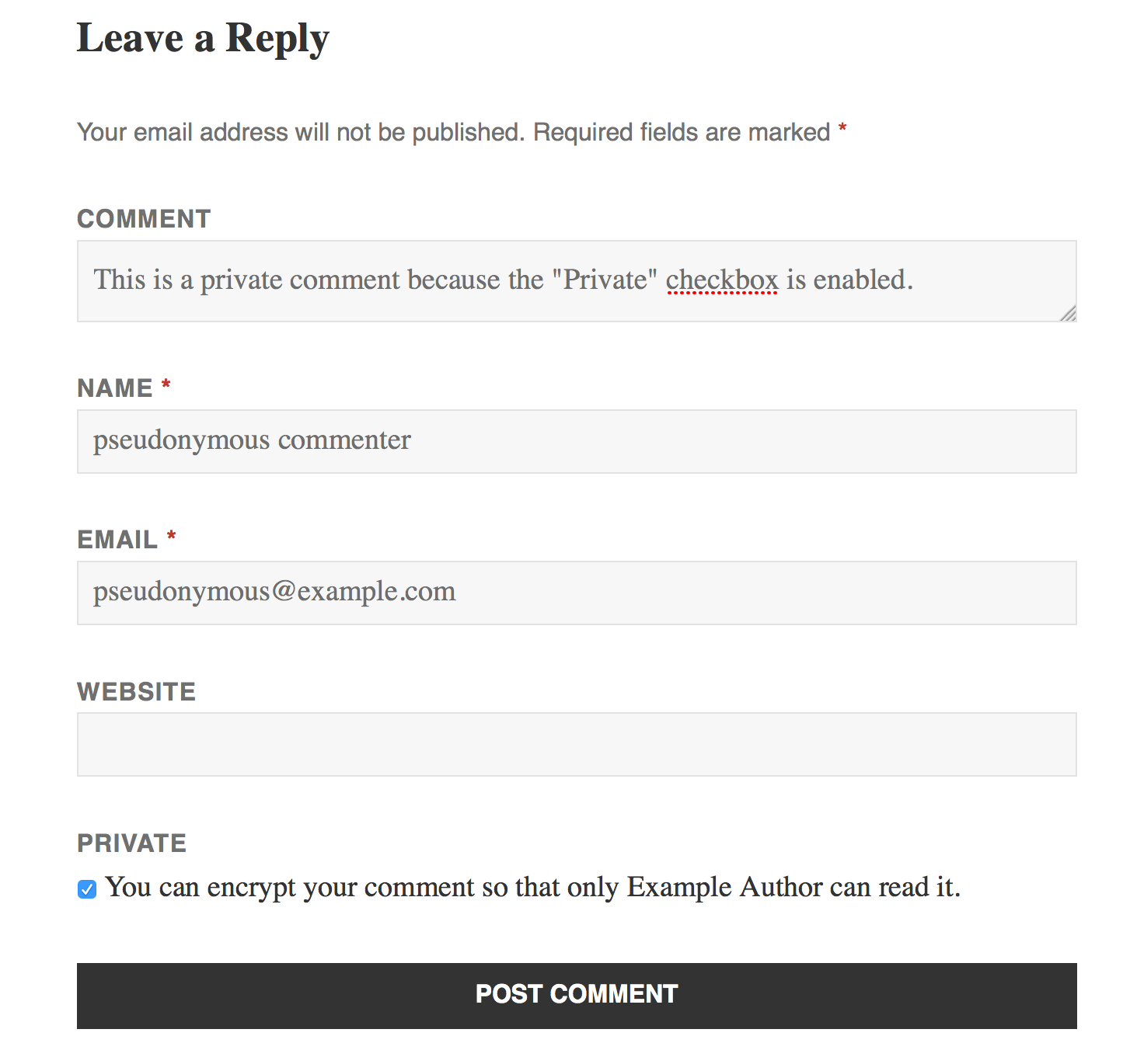 Authors who add an OpenPGP public key to their profile also let readers leave semi-private comments on their posts. These are comments that are automatically encrypted to the author's public key upon submission. Commenters who want to send a "Private" comment simply write their comment normally and ensure the encryption checkbox is enabled when they submit their comment.