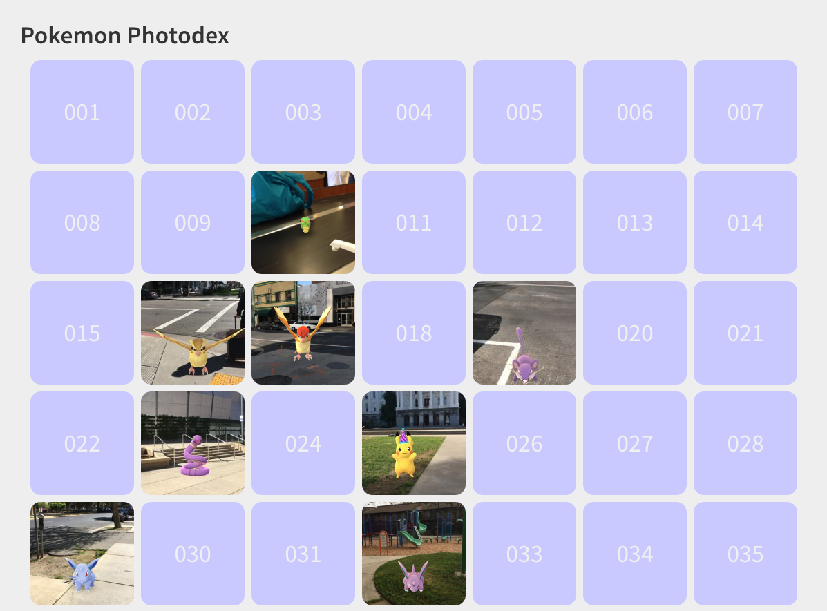 A screen shot of a full photodex being rendered. This is only a partial, an actual photodex would continue until your highest pokedex number pokemon.