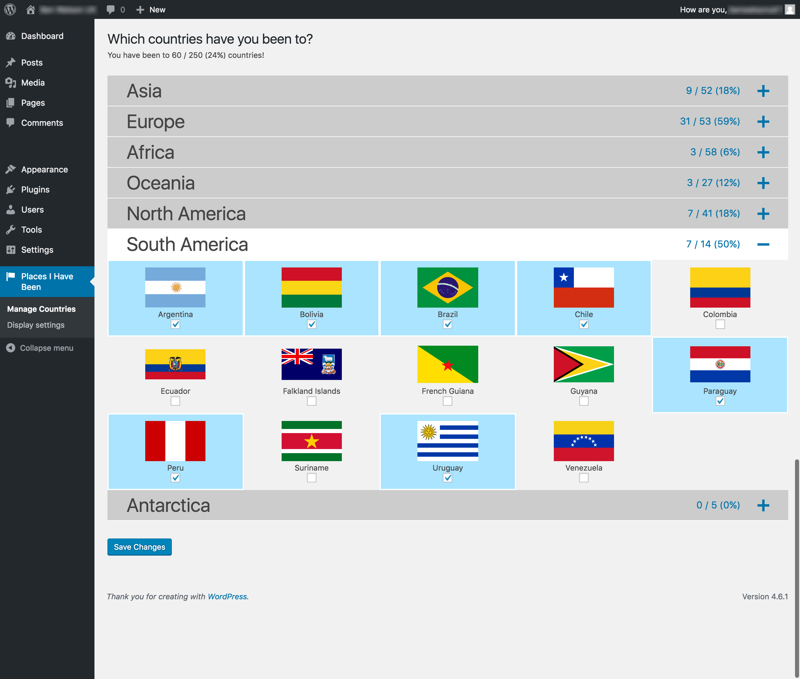 This is where you will add the countries that you have visited. 250 countries are organised by the 7 continents and the page gives you feedback as to how much of the world you have seen!