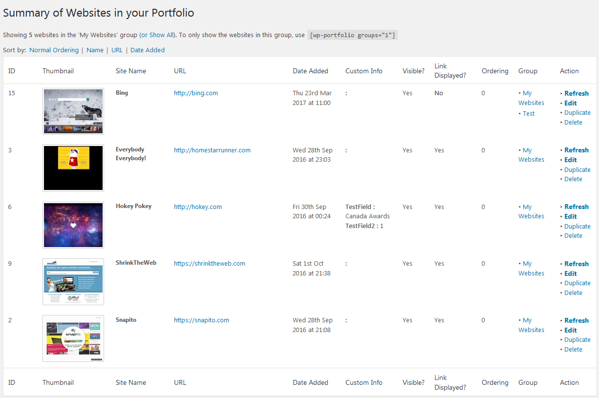 A screenshot of the admin view of the filtered thumbnails that have been automatically generated.