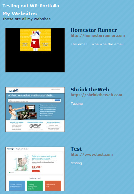 Public display of website thumbnails in 1 columns with urls description.